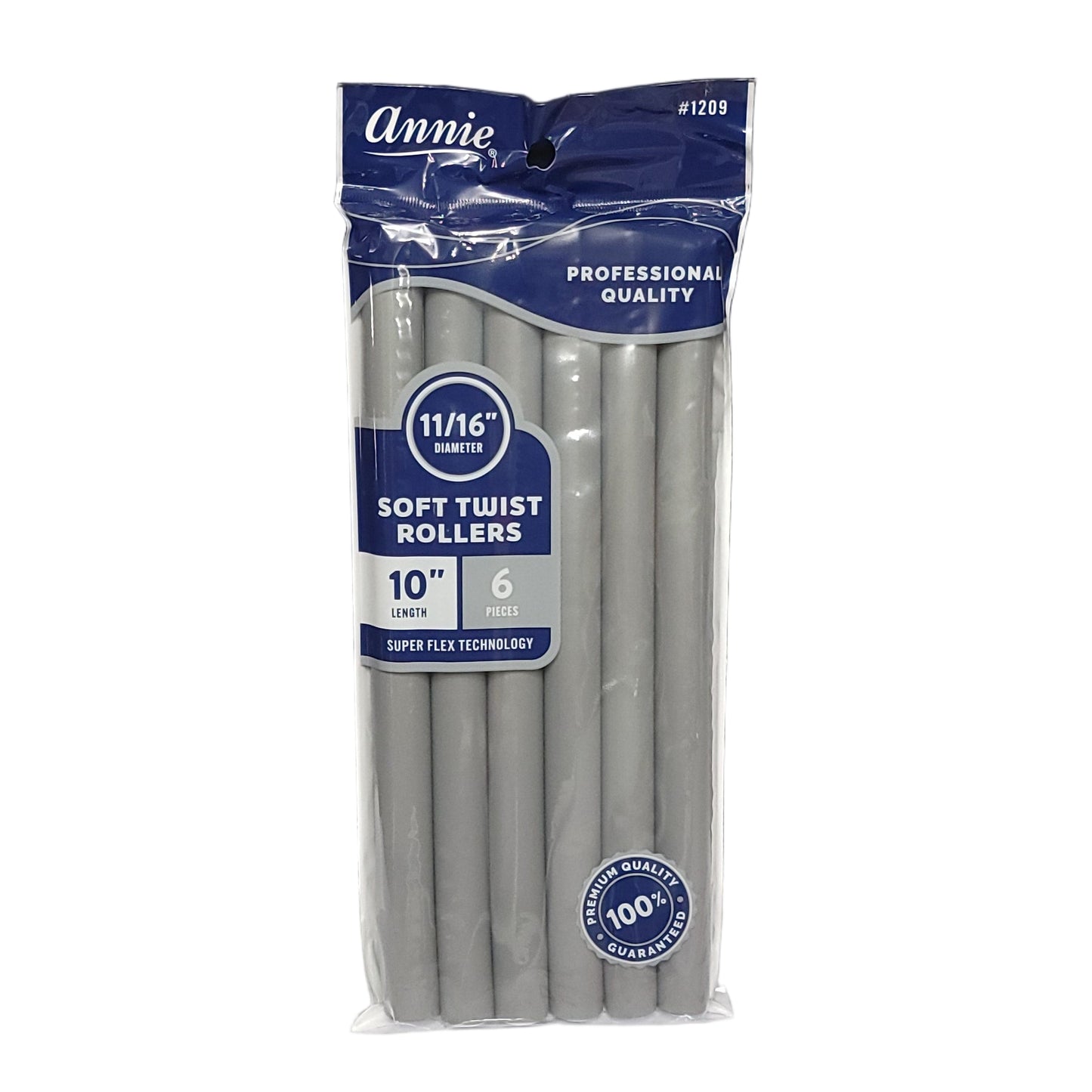 Annie Soft Twist Rollers 11/16in, 6 Count 10" Length, Heatless Hair Curlers, Gray