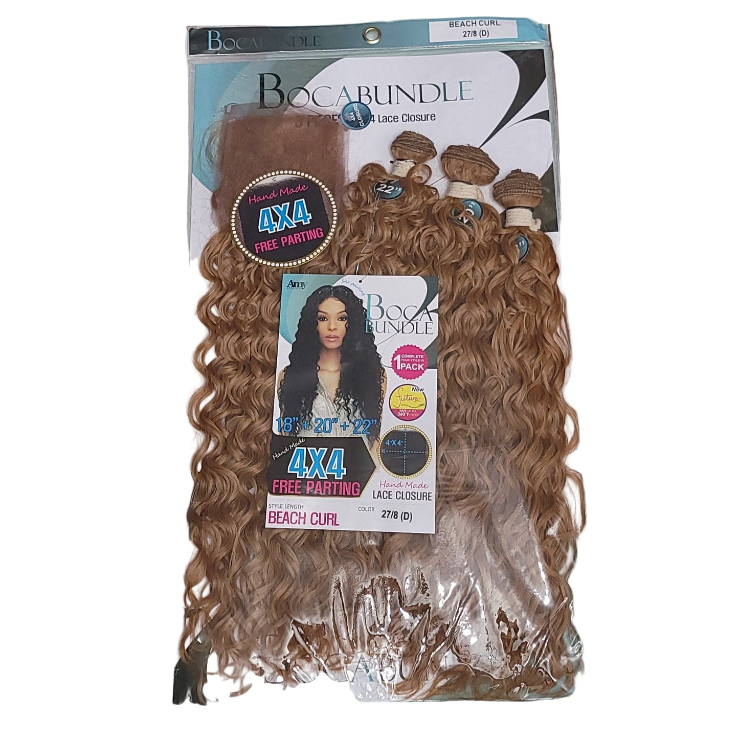 Amy Advance Boca 4x4 Closure w/ 18" 20" 22" Beach Curl Bundles