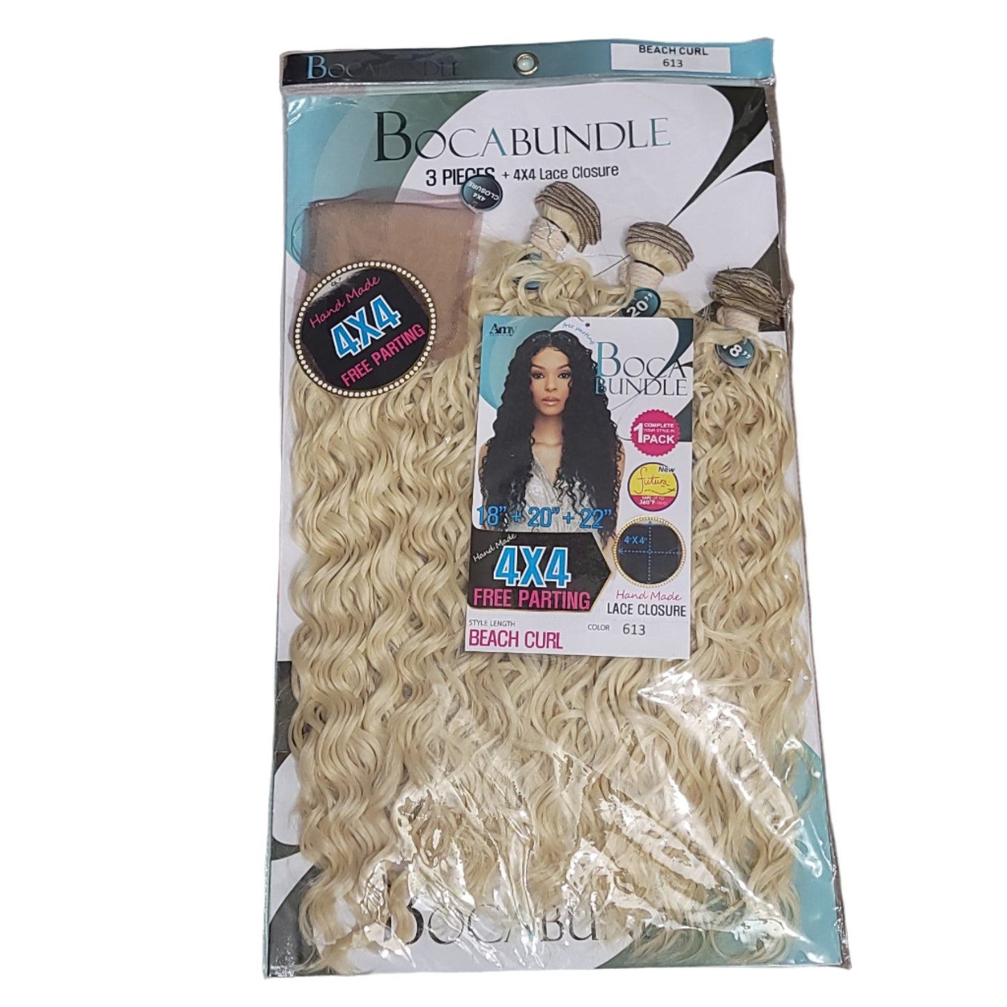 Amy Advance Boca 4x4 Closure w/ 18" 20" 22" Beach Curl Bundles