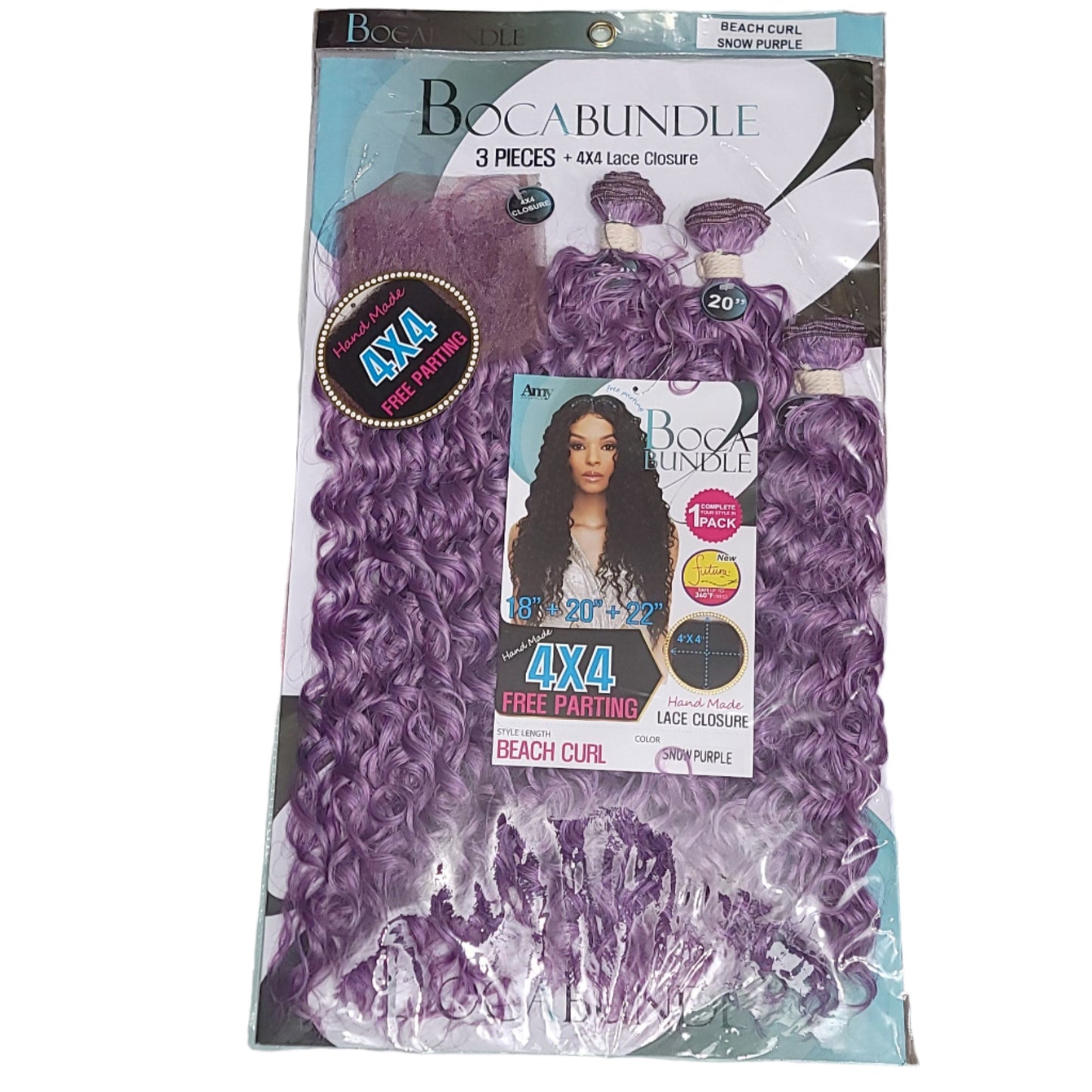 Amy Advance Boca 4x4 Closure w/ 18" 20" 22" Beach Curl Bundles