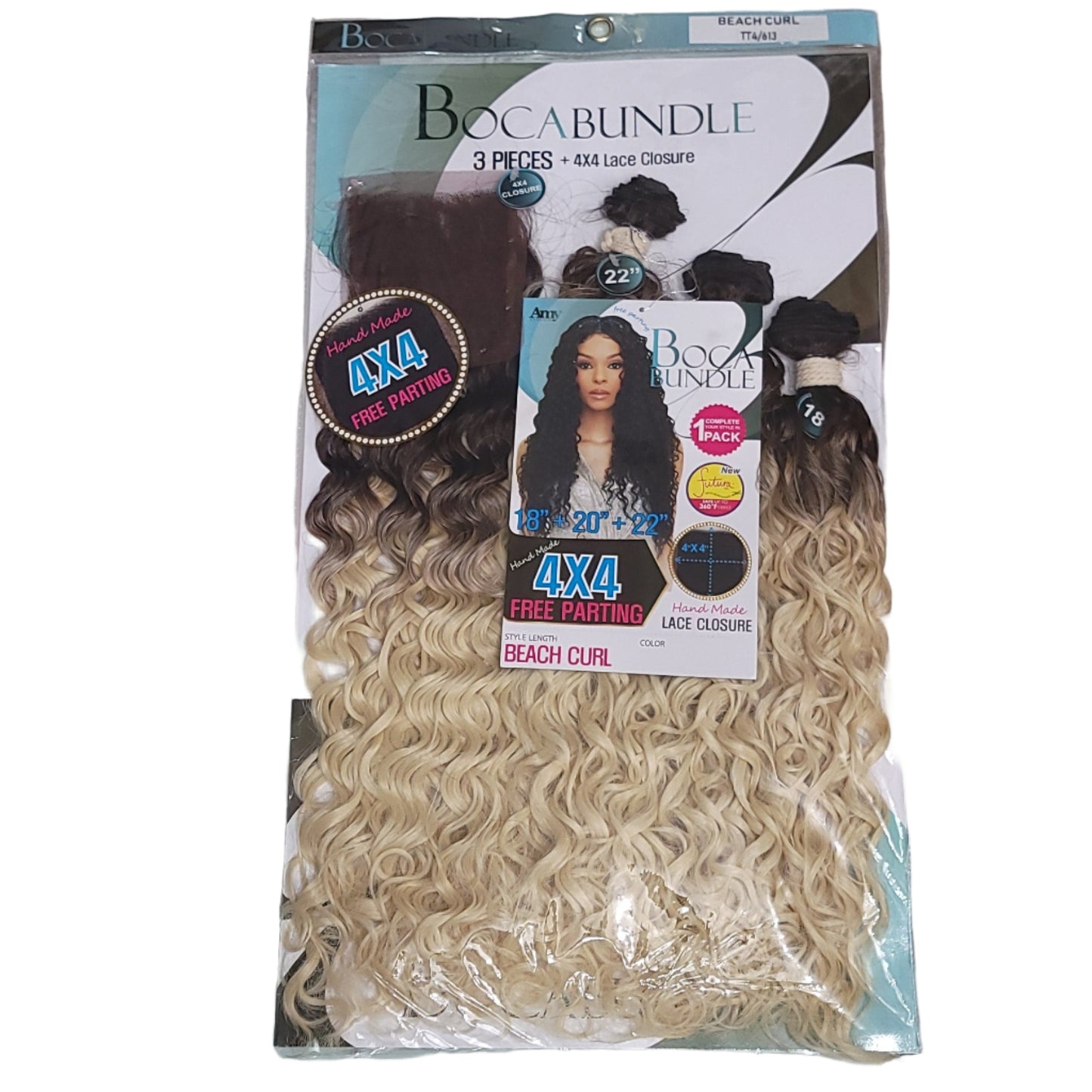 Amy Advance Boca 4x4 Closure w/ 18" 20" 22" Beach Curl Bundles