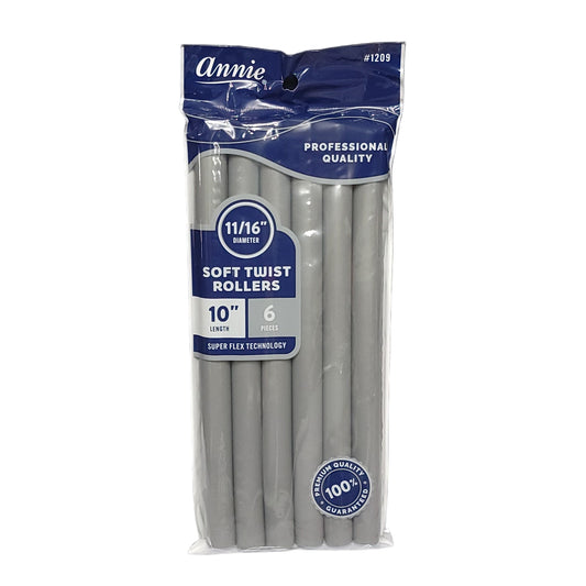 Annie Soft Twist Rollers 11/16in, 6 Count 10" Length, Heatless Hair Curlers, Gray