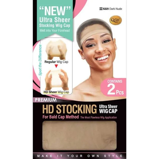 #5221 Qfitt Premium HD Stocking Ultra Sheer Wig Cap, Dark Nude 2pc