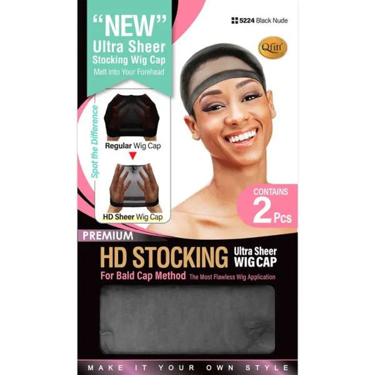 #5224 Qfitt Premium HD Stocking Ultra Sheer Wig Cap, Black Nude 2pc
