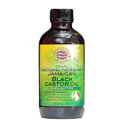 Bottle of Jamaican Black Castor Oil with a green label on a gray background