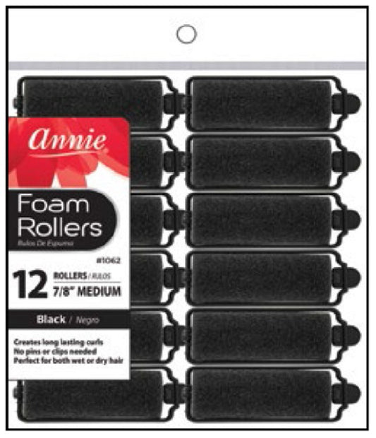 Annie Foam Rollers Medium 12Ct Black 7/8" #1062
