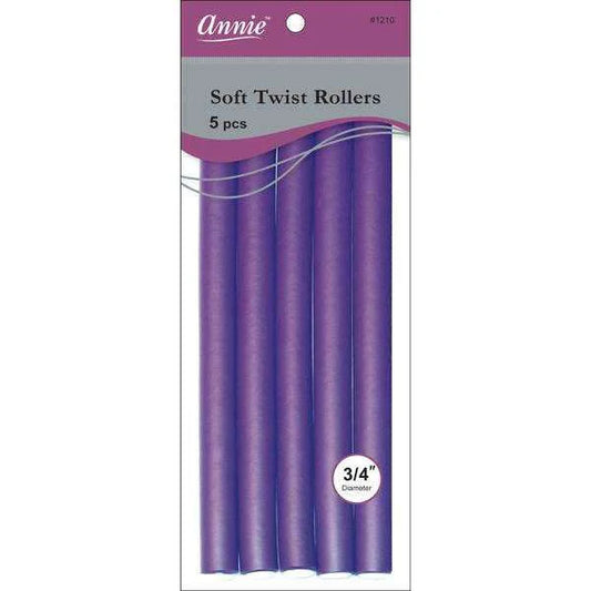Annie Soft Twist Rollers 3/4in, 5 Count XL Heatless Hair Curlers, Purple #1210