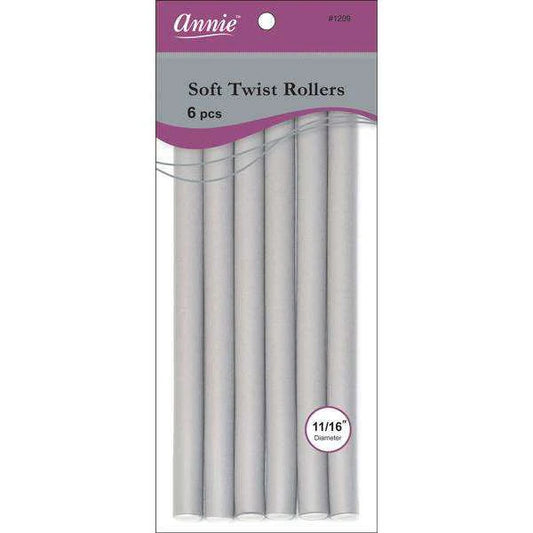 Annie Soft Twist Rollers 11/16in, 6 Count 10" Length, Heatless Hair Curlers, Gray